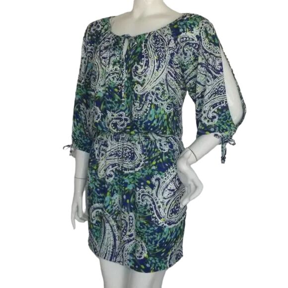 CACHE Dress, S, Blue/Green Paisley, Smocked waist, Slit Sleeve, Tie Neck/Beaded - Picture 3 of 12